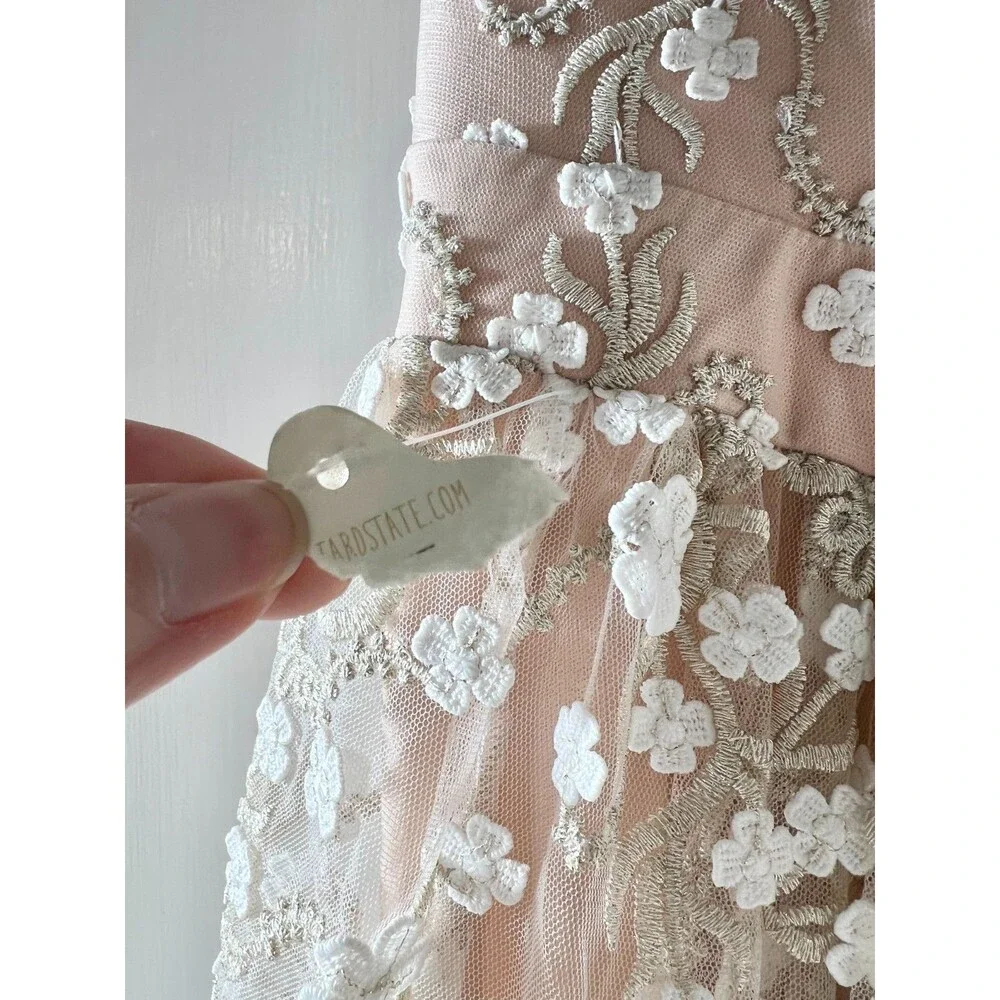 Altar'd State Dress Sz S Blush Tan Formal Floral Lace Overlay‎ V-Neck Long Maxi - Picture 12 of 16